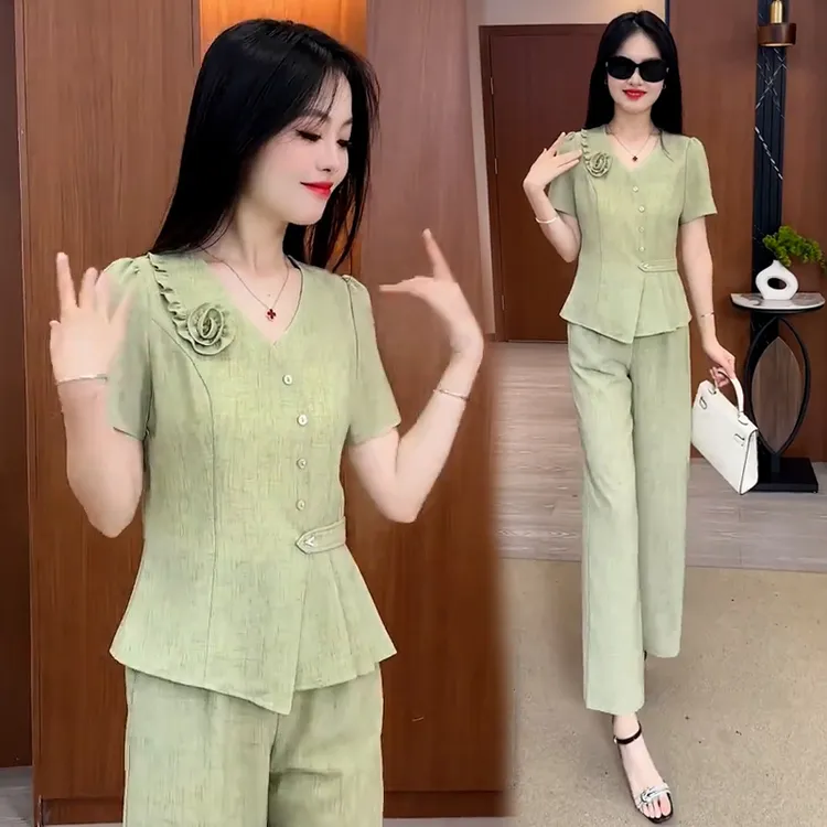时尚套装女2025夏季新款大码胖mm洋气显瘦修身短袖上衣阔腿裤套装