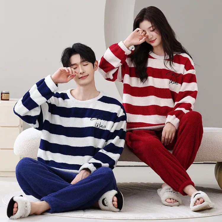 条纹半边绒加厚睡衣秋冬季可外穿保暖圆领一男一女情侣睡衣两件套