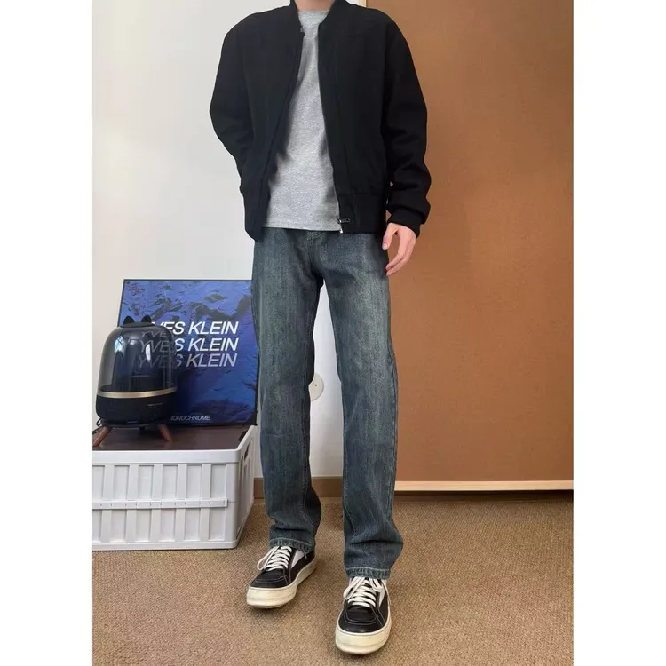 美式秋冬做旧牛仔裤Cleanfit宽松竹节纹路弹力直筒裤