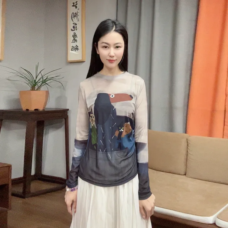 夏季弹力印花舒适单层不透女长袖百搭修身上衣WG032803