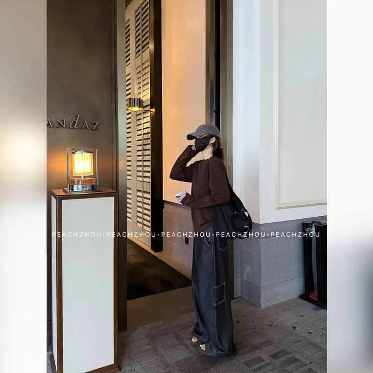 『PEACHZHOU』工装明线贴袋宽松系扣牛仔裤美式休闲街头中性阔腿裤