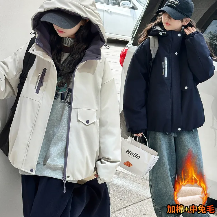 女童加绒棉服冲锋衣外套女孩大童加厚连帽潮流学生休闲保暖百搭潮