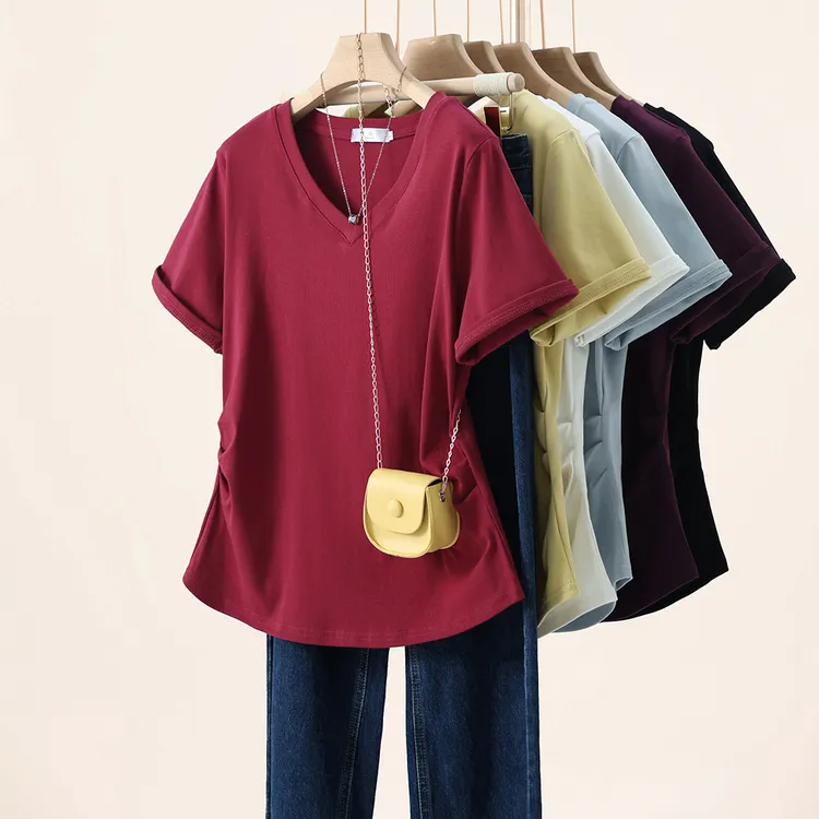 大码女装2025夏季新款胖mm百搭显瘦宽松时尚纯色V领短袖T恤上衣