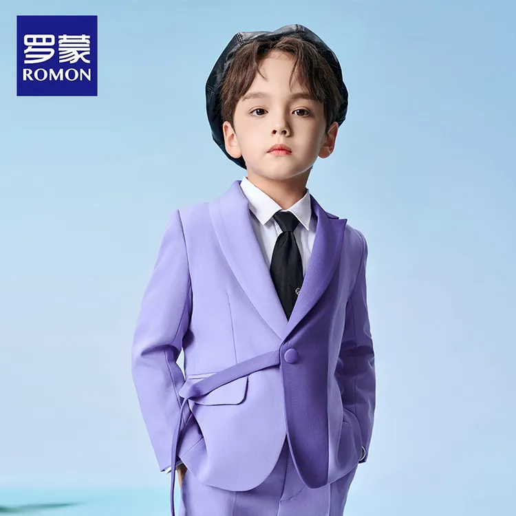 Romon/罗蒙儿童西装套装男孩男童西服走秀主持钢琴撞色拼接表演服