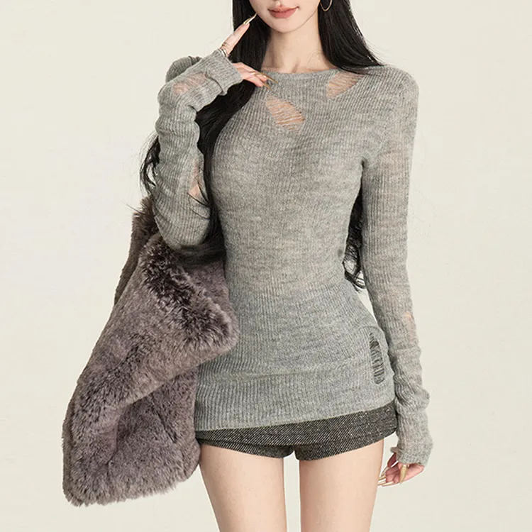 夏季设计感镂空拼接针织衫女春秋气质修身显瘦别致上衣打底衫百搭