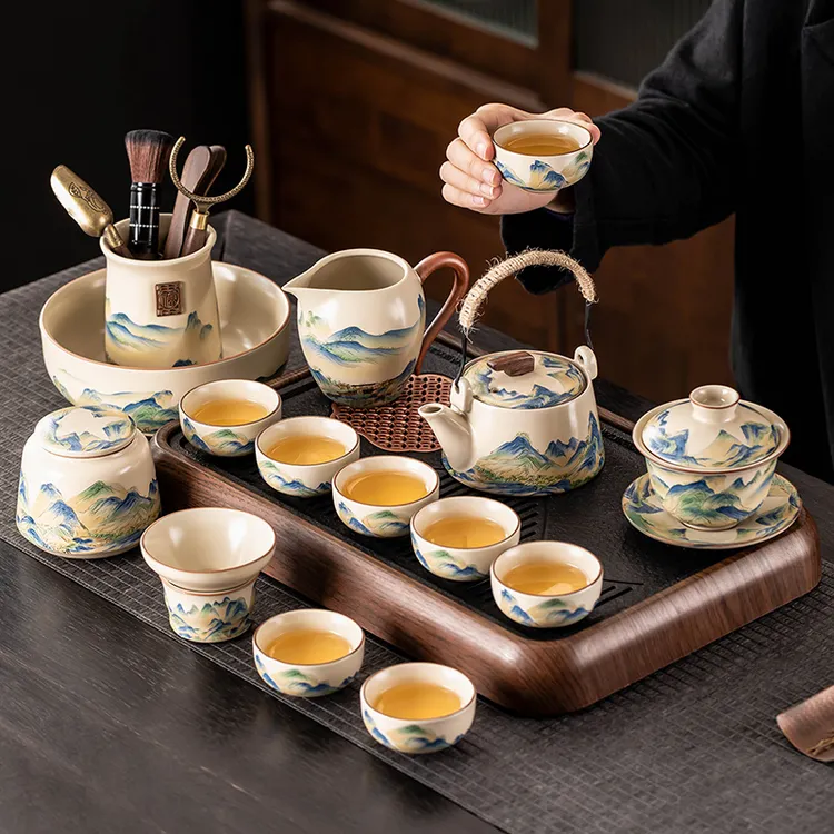 新款功夫茶具套装中式家用陶瓷汝瓷茶壶盖碗茶杯全套办公泡茶器
