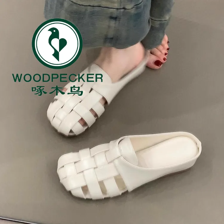 啄木鸟法式内增高编织镂空外穿包头凉鞋女夏一脚蹬圆头半拖罗马鞋