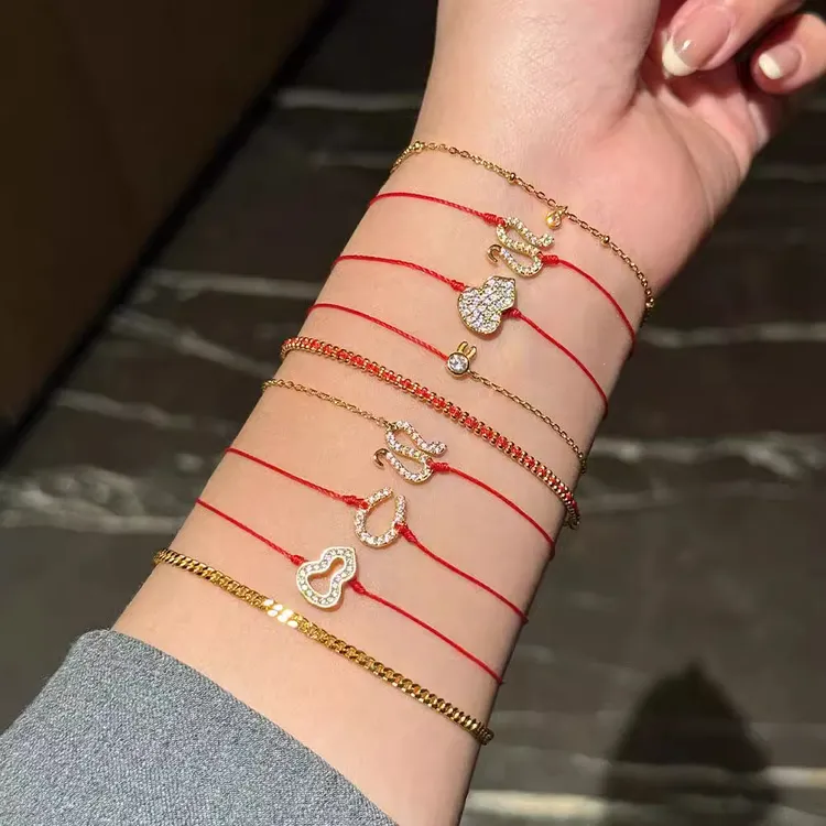 925银合成锆石手链 葫芦红绳手链本命年福禄蛇好运手工编织手绳