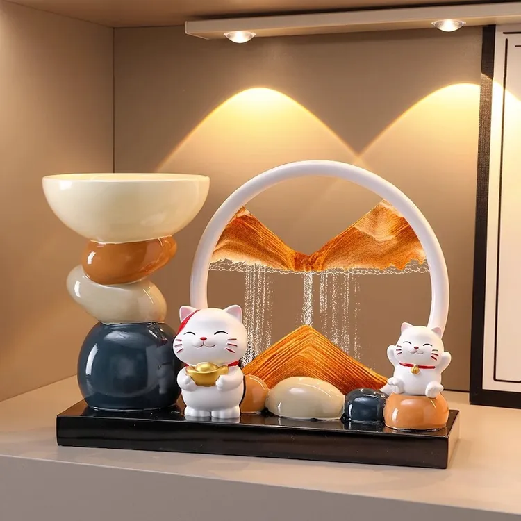招财猫石来运转收纳玄关摆件入户客厅酒柜电视柜家居装饰品乔迁钥
