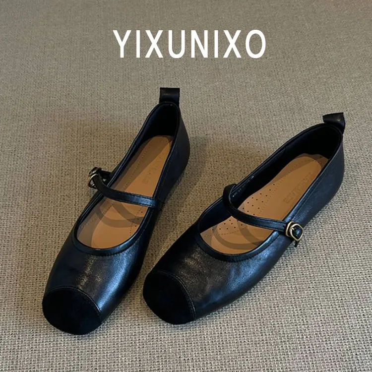 羊皮版~法式软皮复古单鞋女款2025新款平底一字带圆头浅口玛丽珍