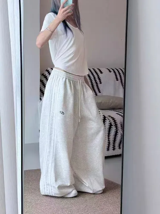 美式条纹拼色宽松运动休闲裤女低腰阔腿抽绳拖地长裤子