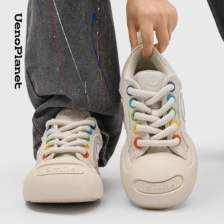 上野行星开口笑帆布鞋国潮大头厚底增高男女圆头丑萌休闲百搭板鞋