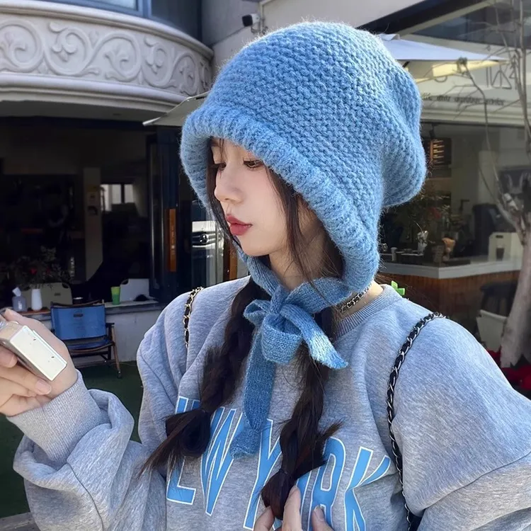 正版纯色蓝色毛线帽女包包巴拉克拉法帽冬季保暖加厚护耳针织帽子