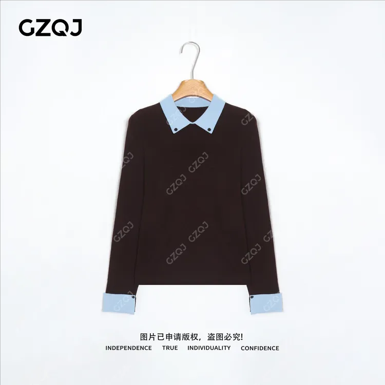 老琴私服【榛果雾蓝】琥珀流光风绵羊毛时尚拼色翻领针织衫女 9263