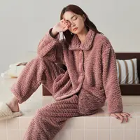 芬腾女大学生睡衣秋冬款珊瑚绒新款开衫加绒加厚保暖家居服套装