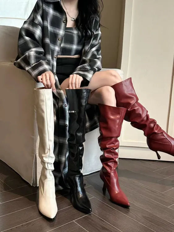 2025新品～皮面长靴女靴欧美风时装靴弹力尖头瘦瘦靴过膝女鞋时尚