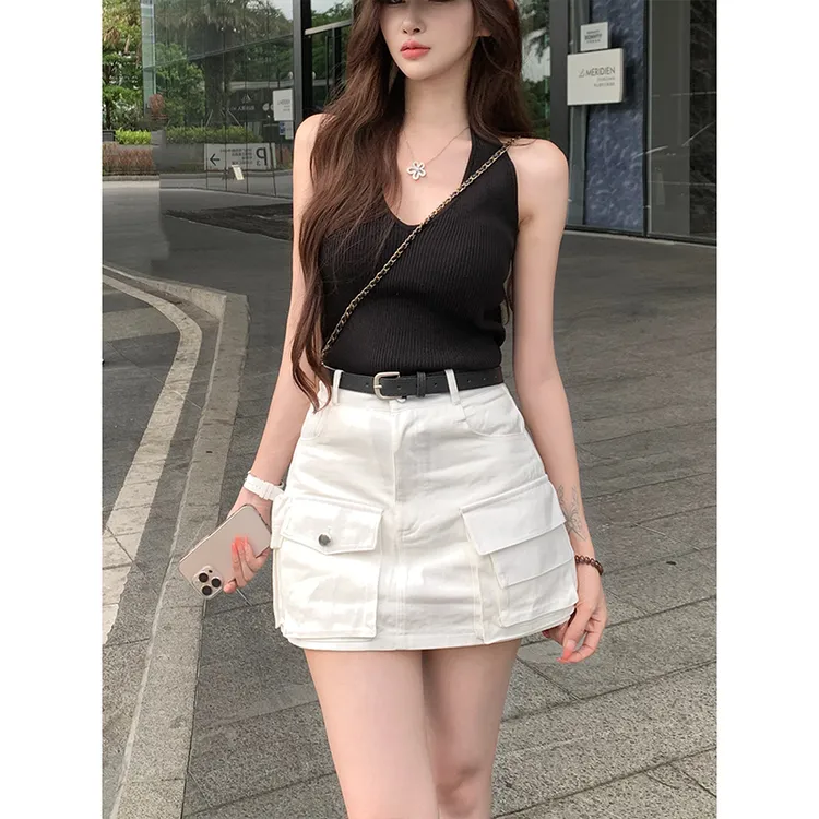 白色工装多口袋牛仔裙女2025夏季薄款高腰修身显瘦休闲气质半身裙