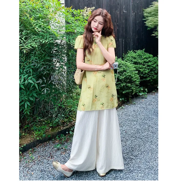 套装 新中式国风旗袍上衣阔腿裤大码女装两件套新款时尚套装 997