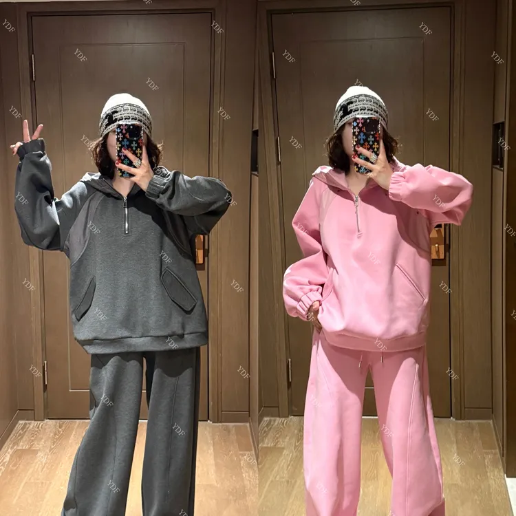 YDFSTUDIO小众【心动密语】欧货早秋高品连帽拼接设计上衣+裤子套装