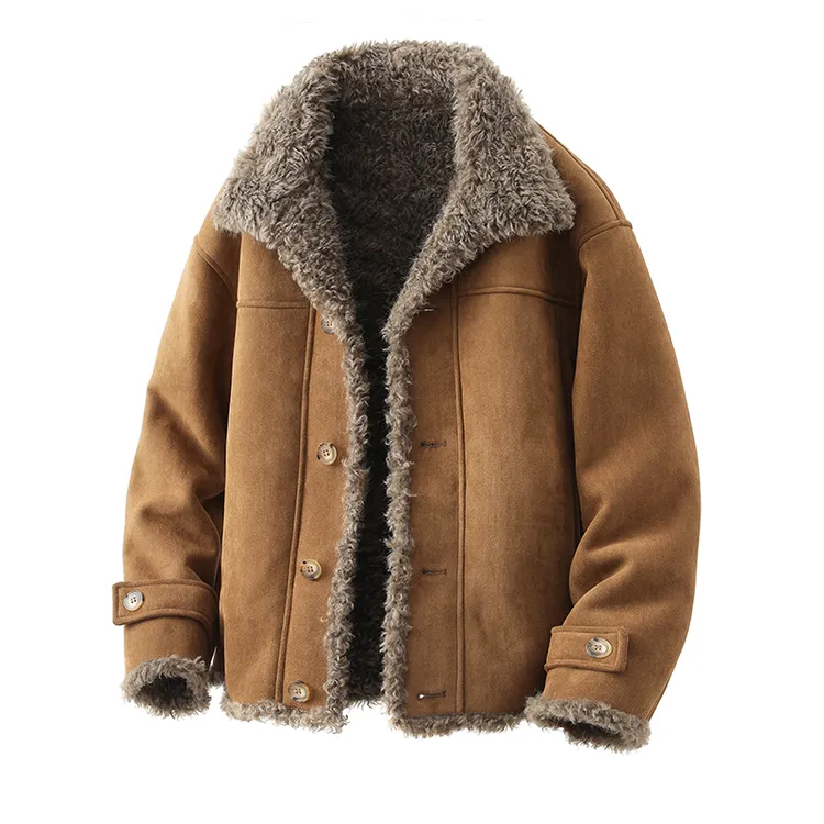 皮毛一体男士冬季宽松短款机车服夹克男装加绒加厚羊羔毛棉衣外套