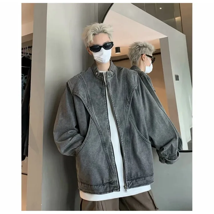 复古简约设计感立领夹克外套高级设计感小众欧美拼接牛仔水洗男士