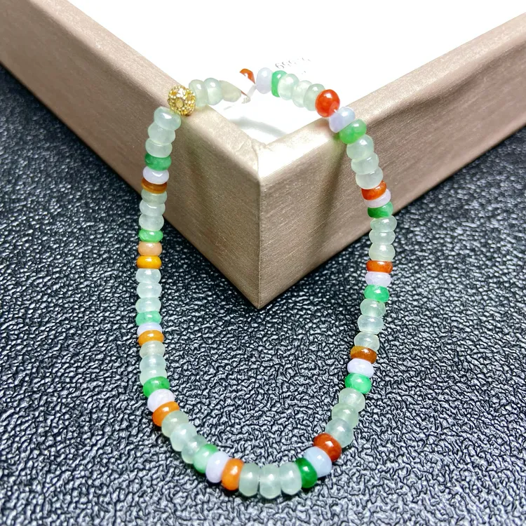 缅甸天然翡翠三彩算盘珠串