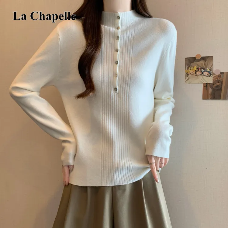 拉夏贝尔秋冬新款半高领纽扣时尚纹针织衫女款胖MM韩版毛衣打底衫