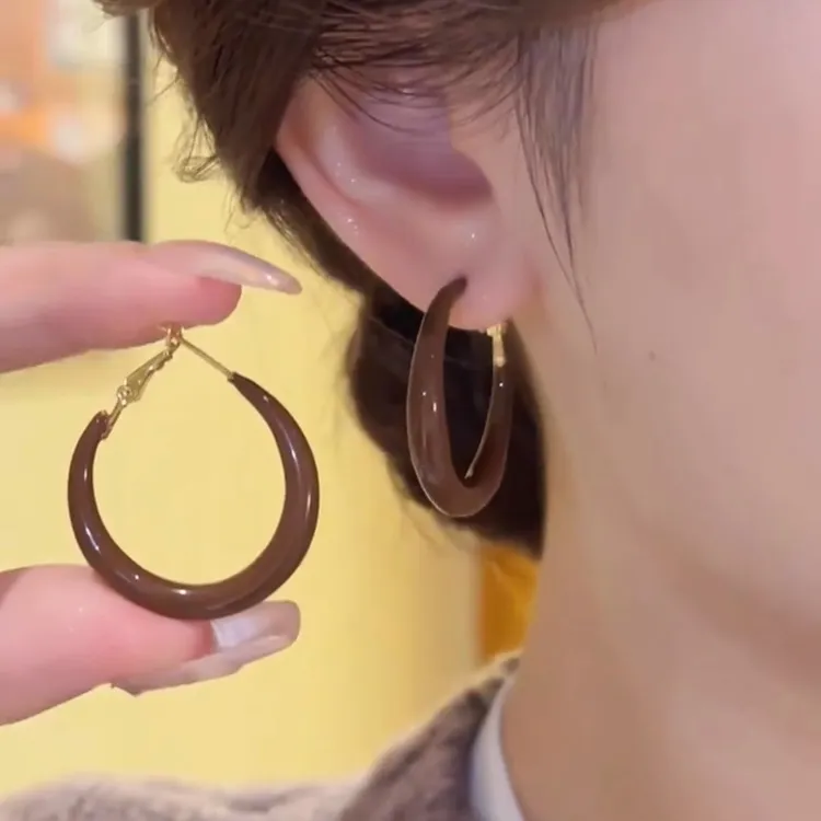 铜合金耳饰 复古美拉德咖色圈圈耳环气质耳钉轻奢显脸瘦耳圈耳饰