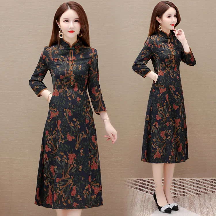 气质中式流光风七分袖连衣裙2025秋季新款洋气妈妈改良旗袍复古裙