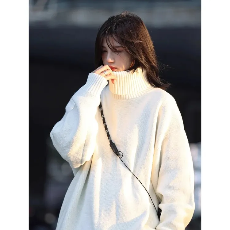 白色加绒加厚翻高领毛衣男女款秋冬季长袖内搭保暖针织衫打底线衣