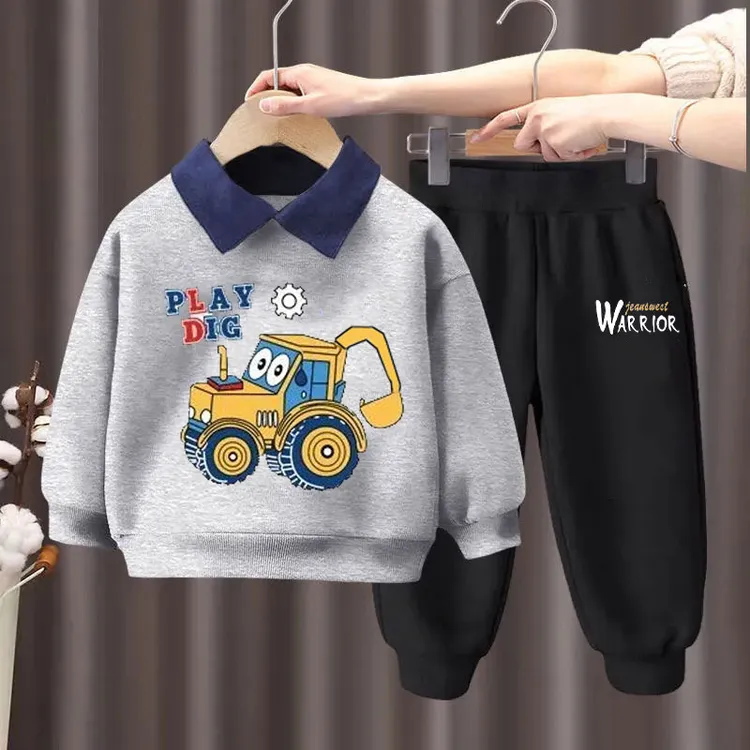 男童Polo翻领卫衣套装春秋新款儿童卡通挖掘机中大童百搭两件套装