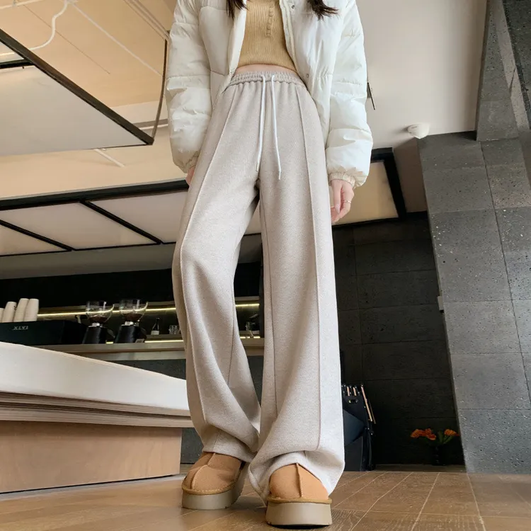 灰色毛呢窄版阔腿裤女秋冬大码高腰加绒垂感休闲人字纹加厚直筒裤