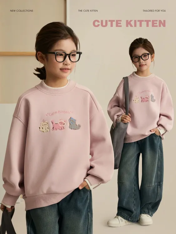 女童假两件加绒卫衣2025秋冬新款休闲百搭洋气保暖卫衣亲子装厚