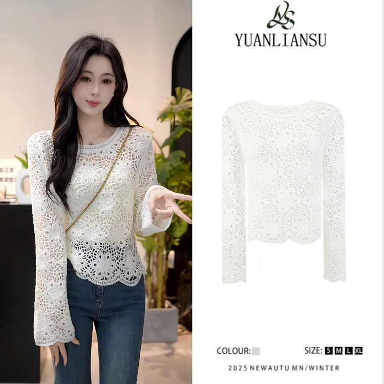 YUANLIANSU/圆脸酥【甜栗奶油】2025春夏提花设计感镂空针织衫1668