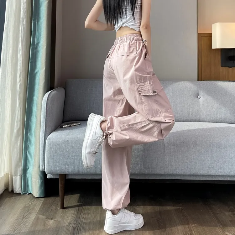 粉色速干阔腿工装裤女夏季新款小个子高腰宽松休闲裤子TZQ2532823