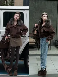 WT45【依美丁】毛领后摆松紧设计夹棉夹克外套