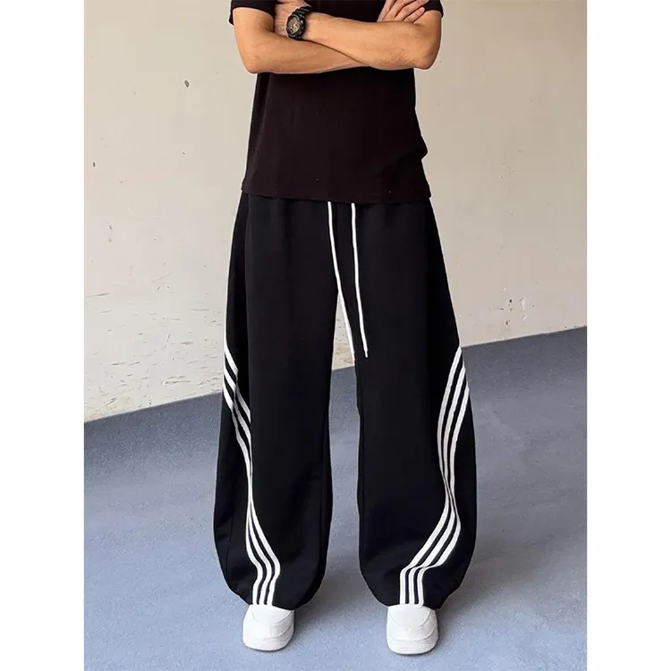 黑色侧条纹三条杠撞色休闲裤男秋季美式复古阔腿拖地长裤宽松裤子