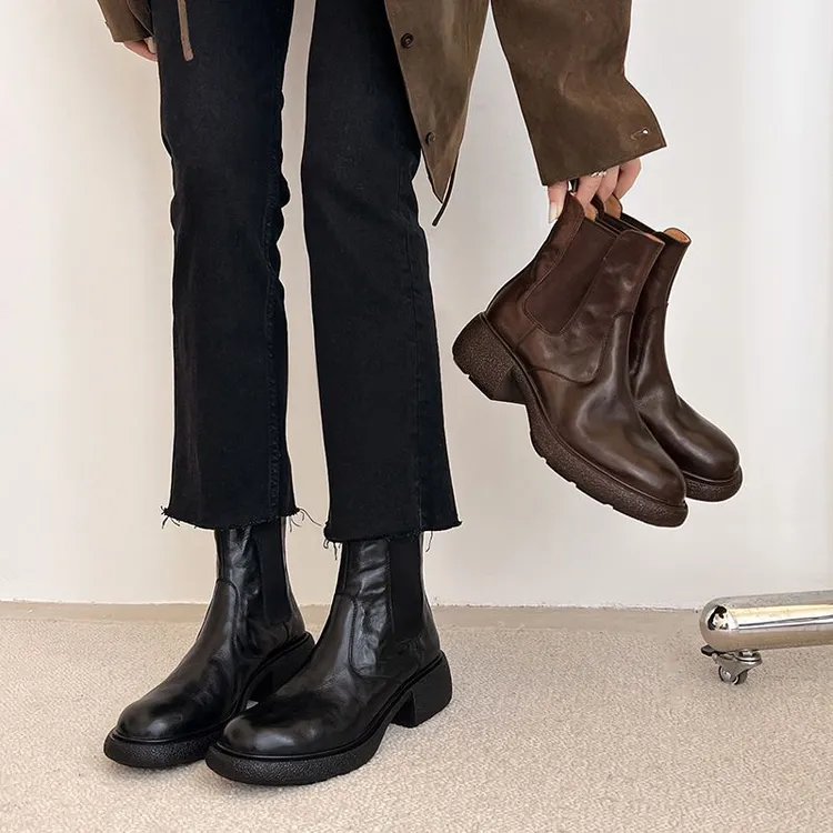 真皮做旧切尔西靴女2025新款秋冬厚底英伦风马丁靴粗跟及踝短靴子