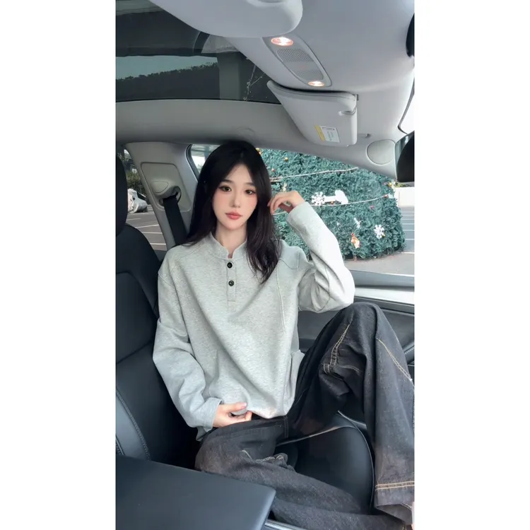 美式复古亨利领卫衣男秋季宽松运动休闲立领长袖T恤高级感打底衫