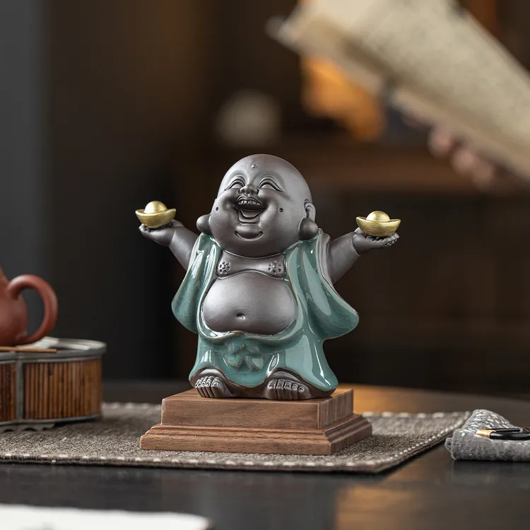 陶瓷哥窑大肚弥勒佛茶宠摆件招财笑佛中式家居茶室茶桌装饰工艺品