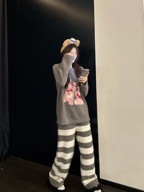 【DMXJ大梦想家】甜美可爱小熊半边绒睡衣女冬季新款加绒家居服套装