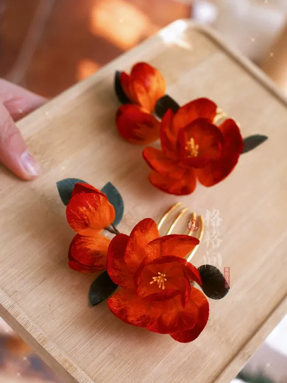 格格间【倾城】红色牡丹白菜绒花非遗发梳发簪子原创汉服发饰复古风