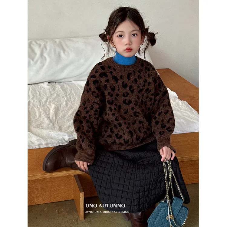 现货「UNO AUTUNNO」【拥【豹】】兔绒棉女中大童冬季豹纹毛衣GD2447