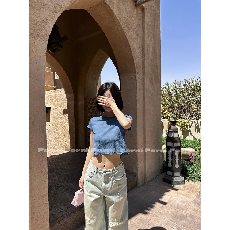 FORNI 热辣小魔女 100澳洲进口美利奴羊毛飞飞袖短款露脐花边T恤