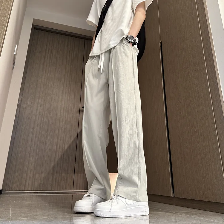 夏季薄款美式阔腿微喇裤男装直筒潮流百搭宽松弯刀裤垂感休闲裤子