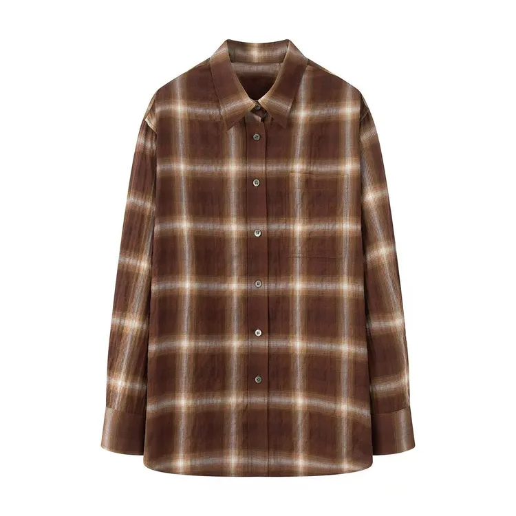 2025秋季新款立领长袖格纹休闲衬衫上衣3017