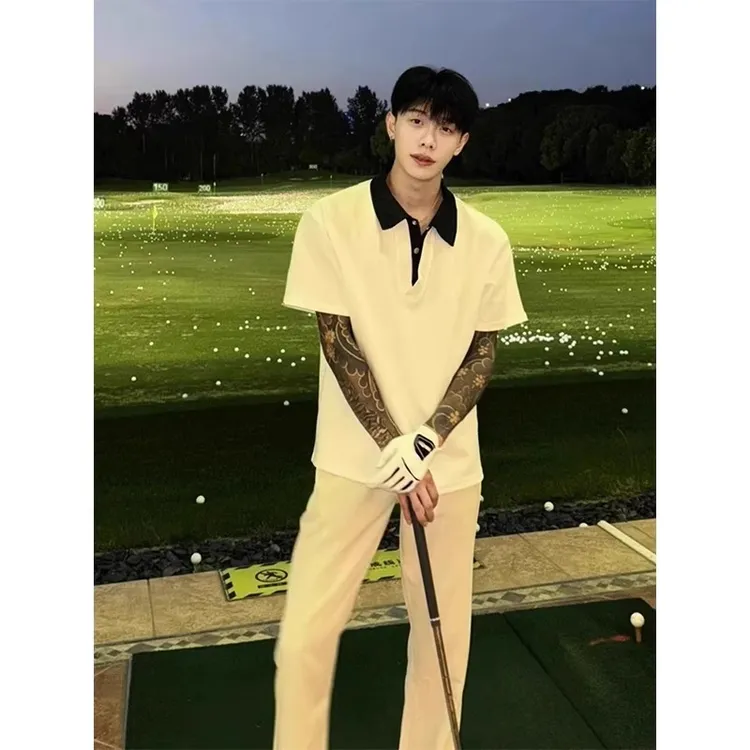 假两件牛仔拼接polo领短袖男款夏季正肩t恤美式痞帅翻领半袖t恤