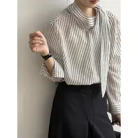 绱品 高级感飘带条纹衬衫女 春夏新款法式气质百搭长袖上衣82219