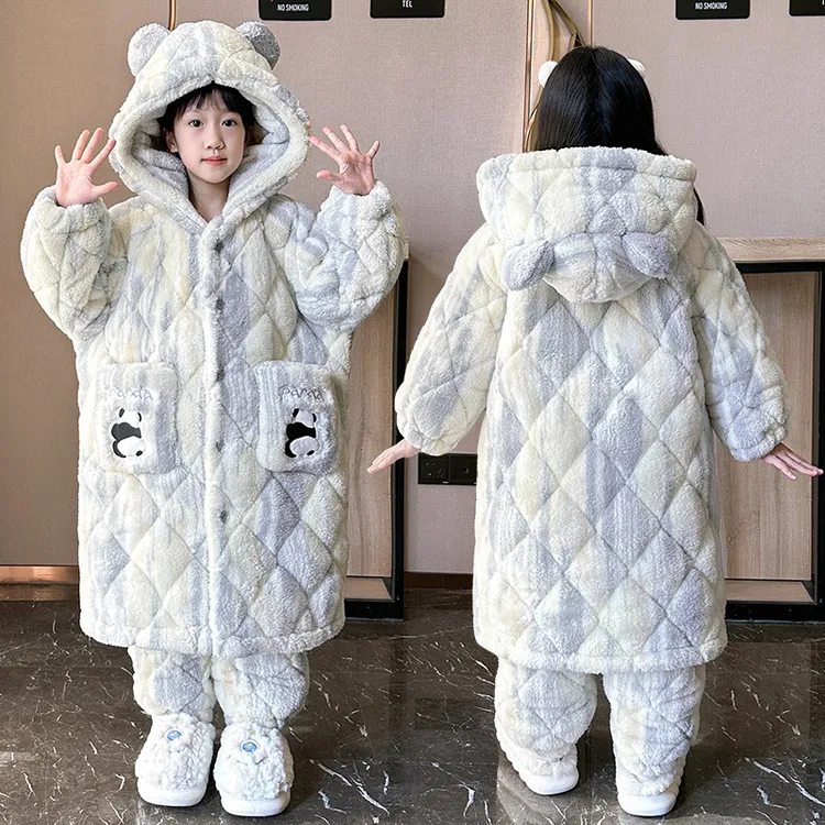 冬季新款女童三层夹棉法兰绒儿童睡衣加绒加厚亲子连帽母女家居服