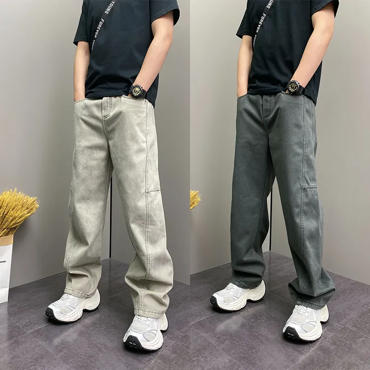 水洗做旧冬季设计脏脏牛仔裤男宽松直筒加绒加厚长裤美式高街痞帅